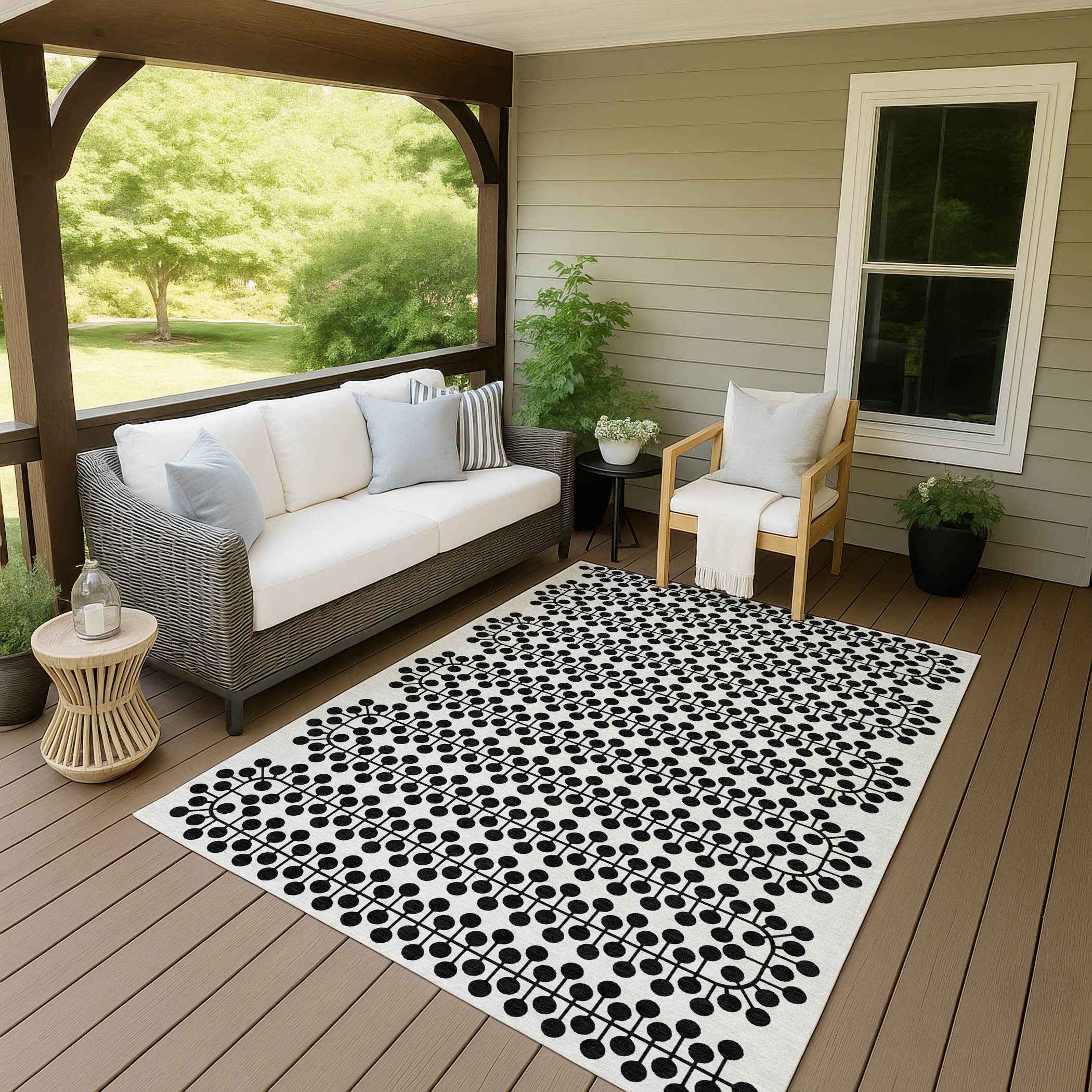 9' X 12' Ivory And Black Geometric Washable Indoor Outdoor Area Rug