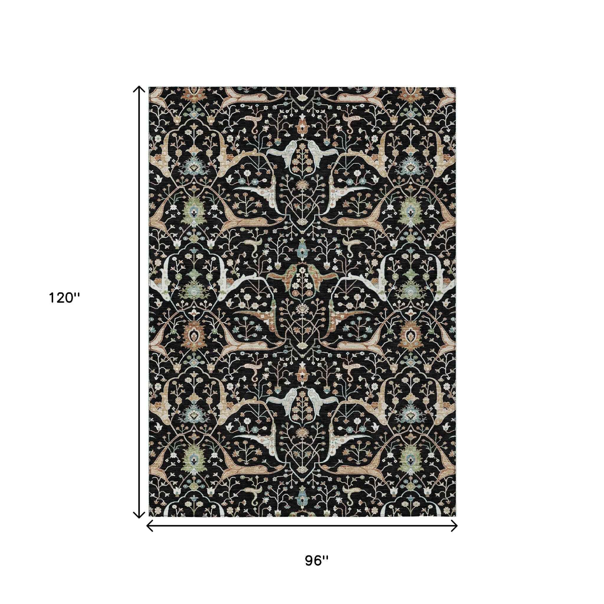 8' X 10' Black Ivory And Green Floral Washable Indoor Outdoor Area Rug