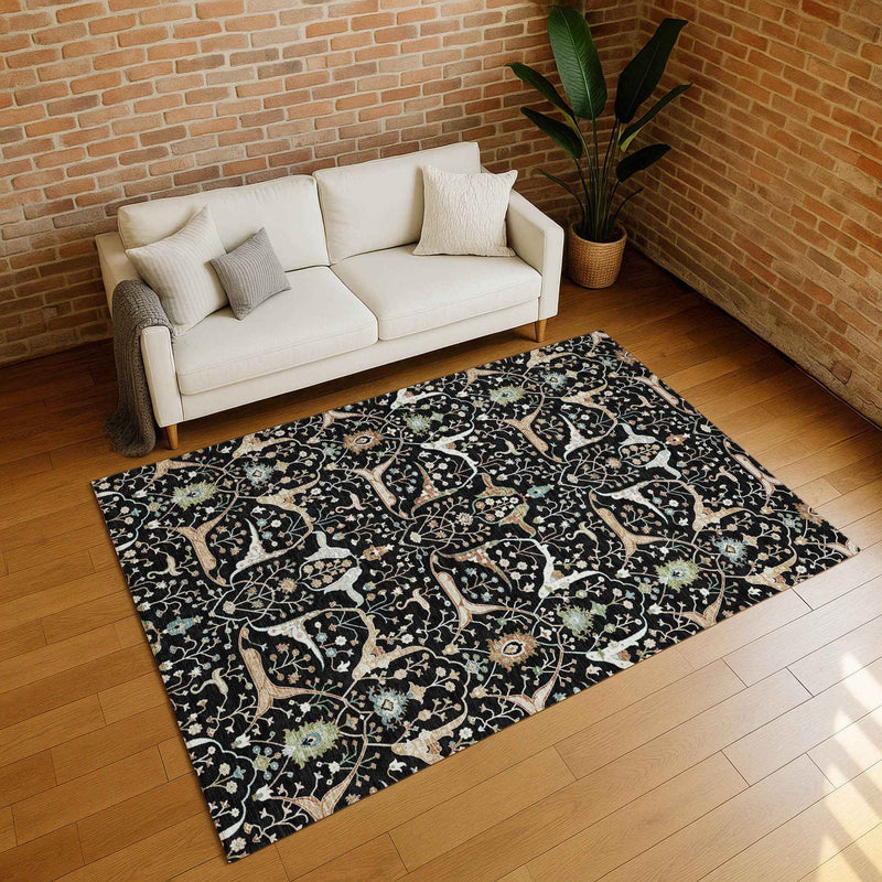 8' X 10' Black Ivory And Green Floral Washable Indoor Outdoor Area Rug
