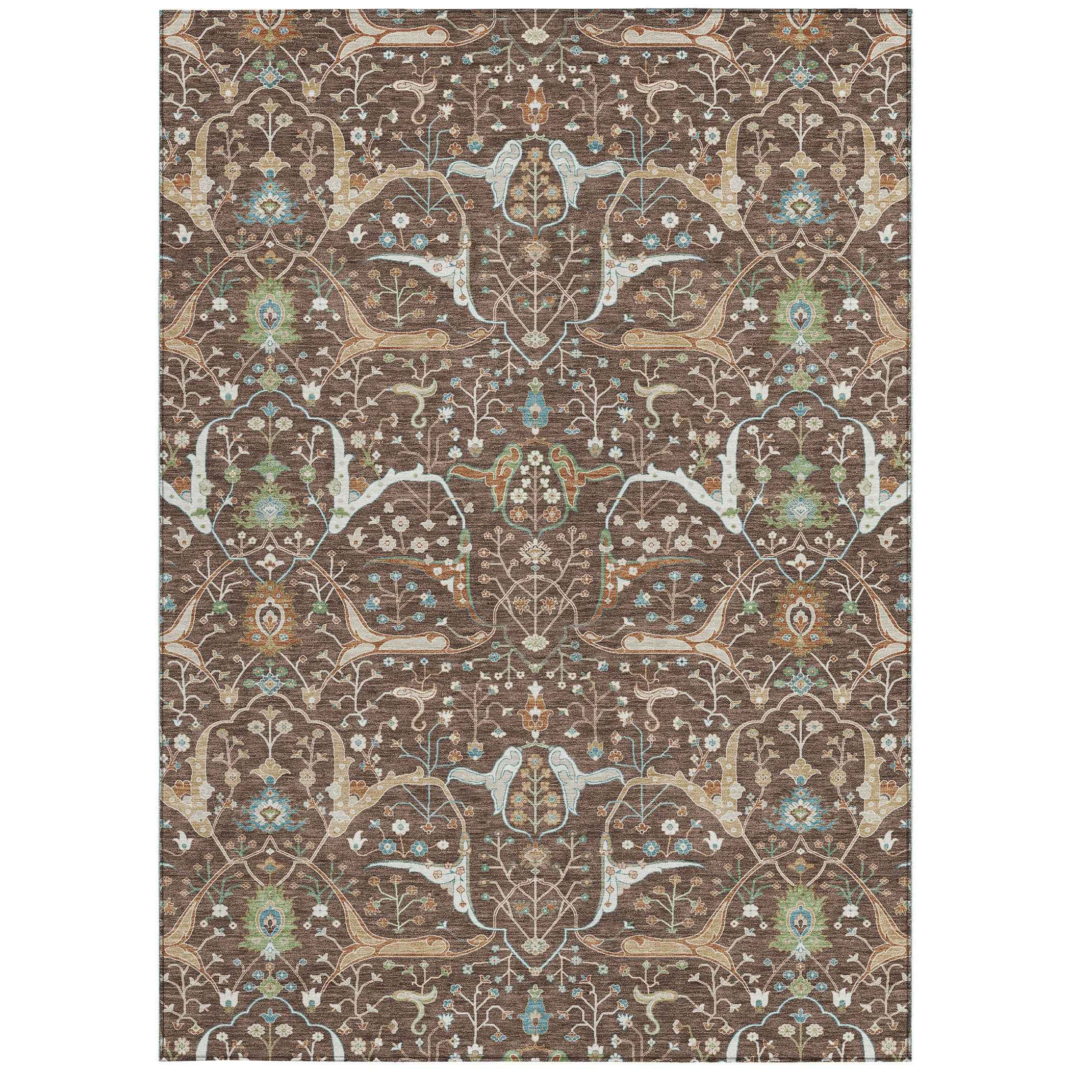 8' X 10' Brown Green And Ivory Floral Washable Indoor Outdoor Area Rug