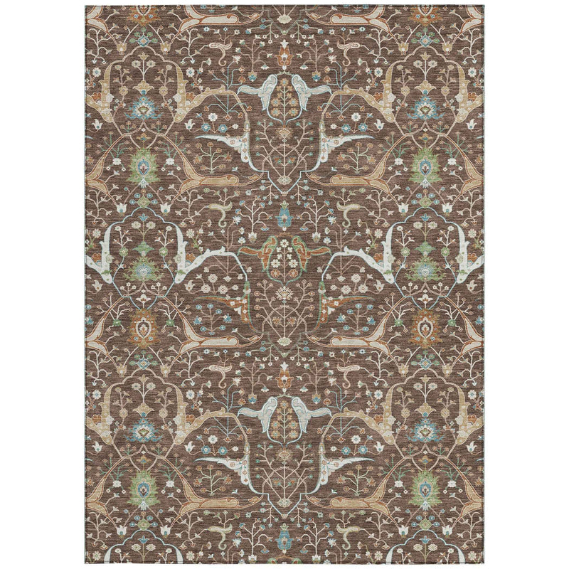 8' X 10' Brown Green And Ivory Floral Washable Indoor Outdoor Area Rug