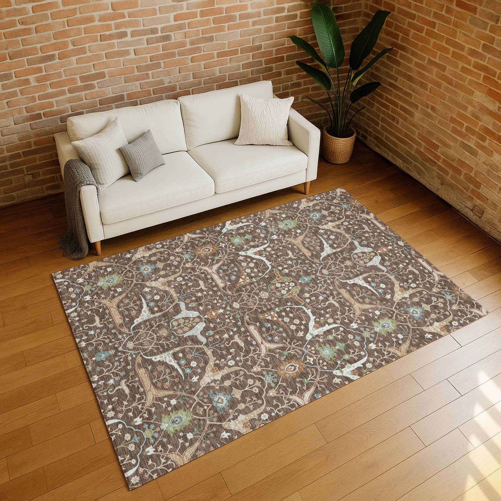 8' X 10' Brown Green And Ivory Floral Washable Indoor Outdoor Area Rug