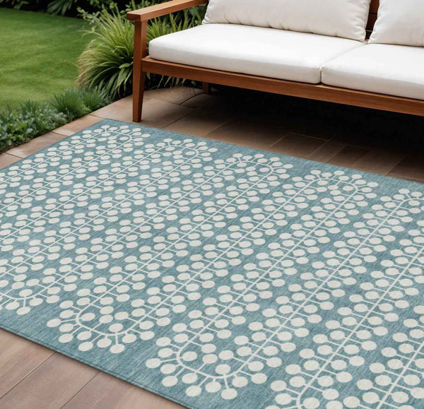 8' X 10' Teal Blue And Ivory Geometric Washable Indoor Outdoor Area Rug