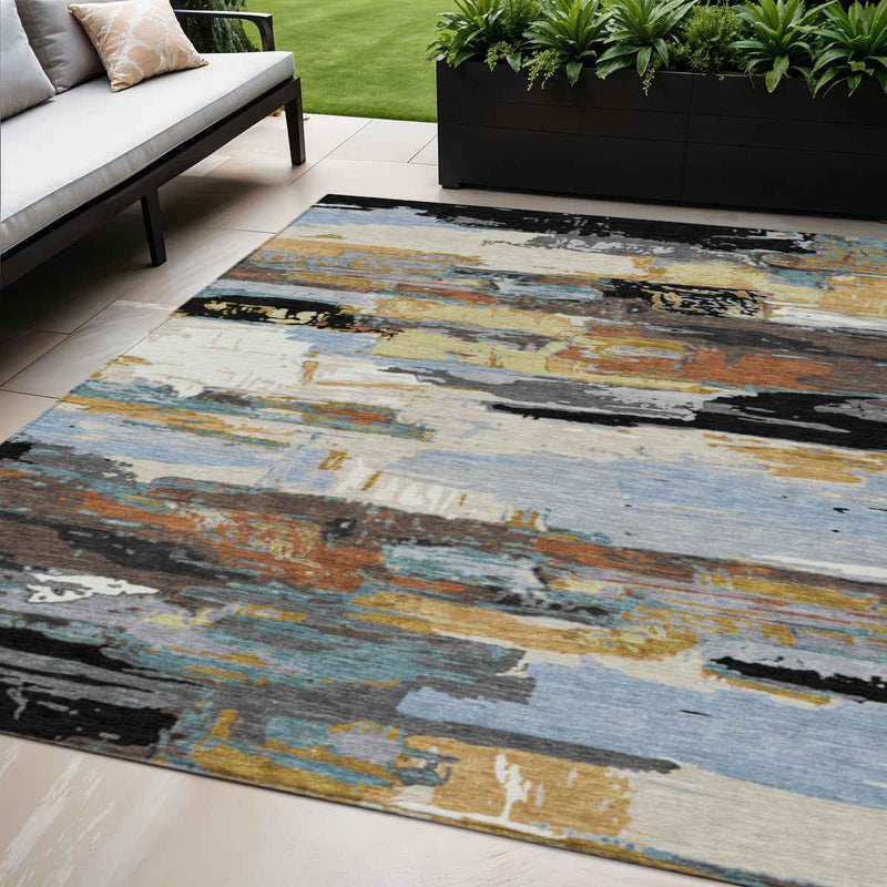 5' X 8' Black Gold And Blue Abstract Washable Indoor Outdoor Area Rug