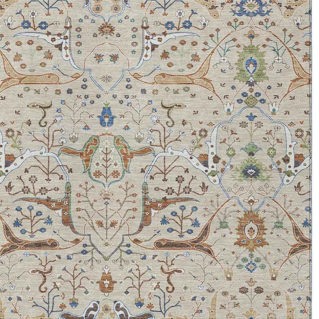 9' X 12' Beige Green And Blue Floral Washable Indoor Outdoor Area Rug