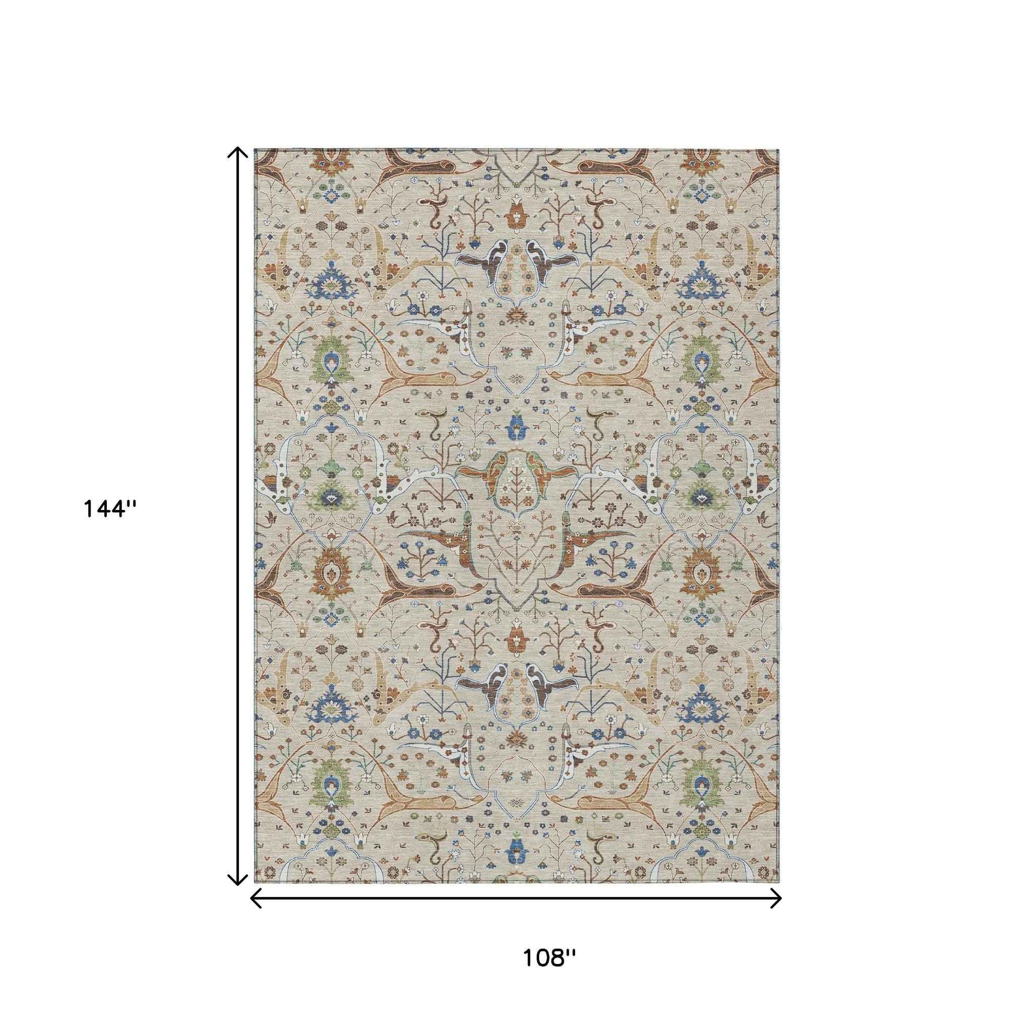 9' X 12' Beige Green And Blue Floral Washable Indoor Outdoor Area Rug