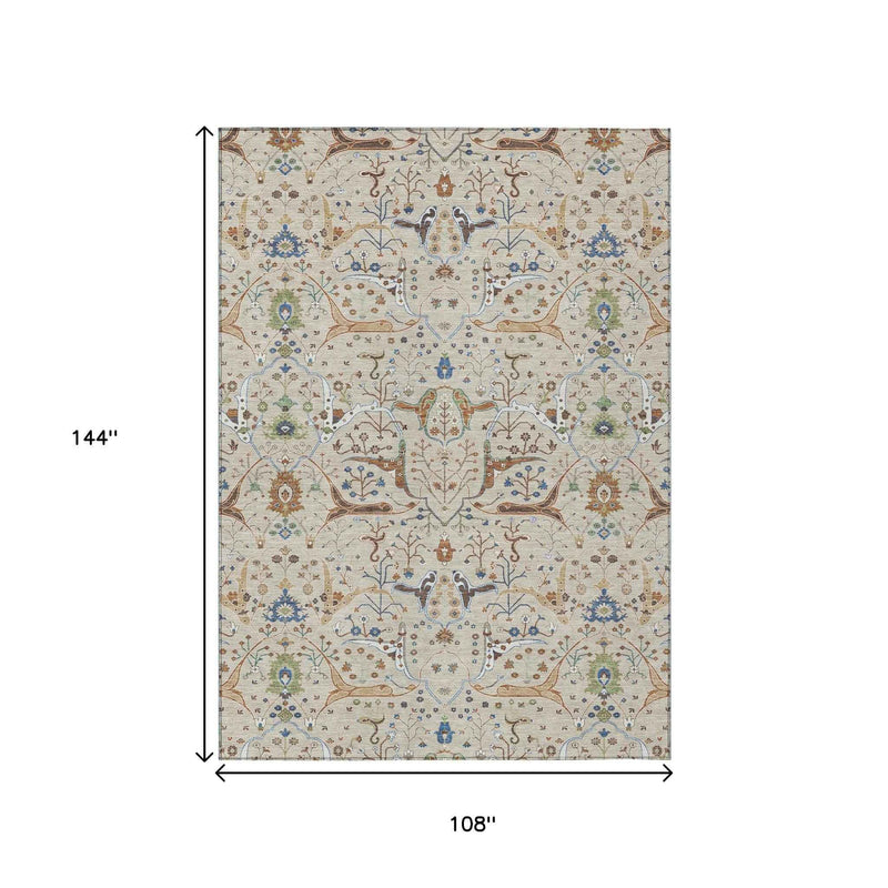 9' X 12' Beige Green And Blue Floral Washable Indoor Outdoor Area Rug