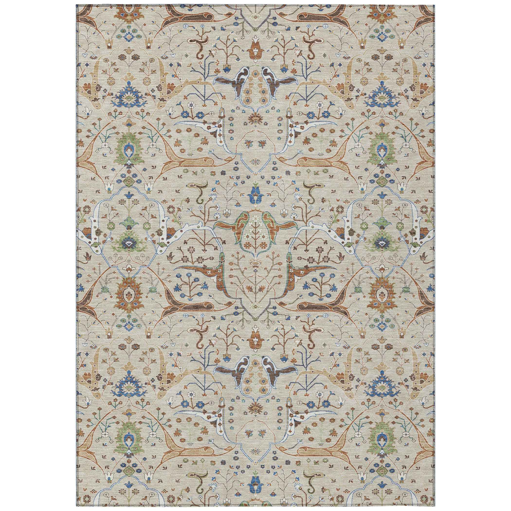 9' X 12' Beige Green And Blue Floral Washable Indoor Outdoor Area Rug