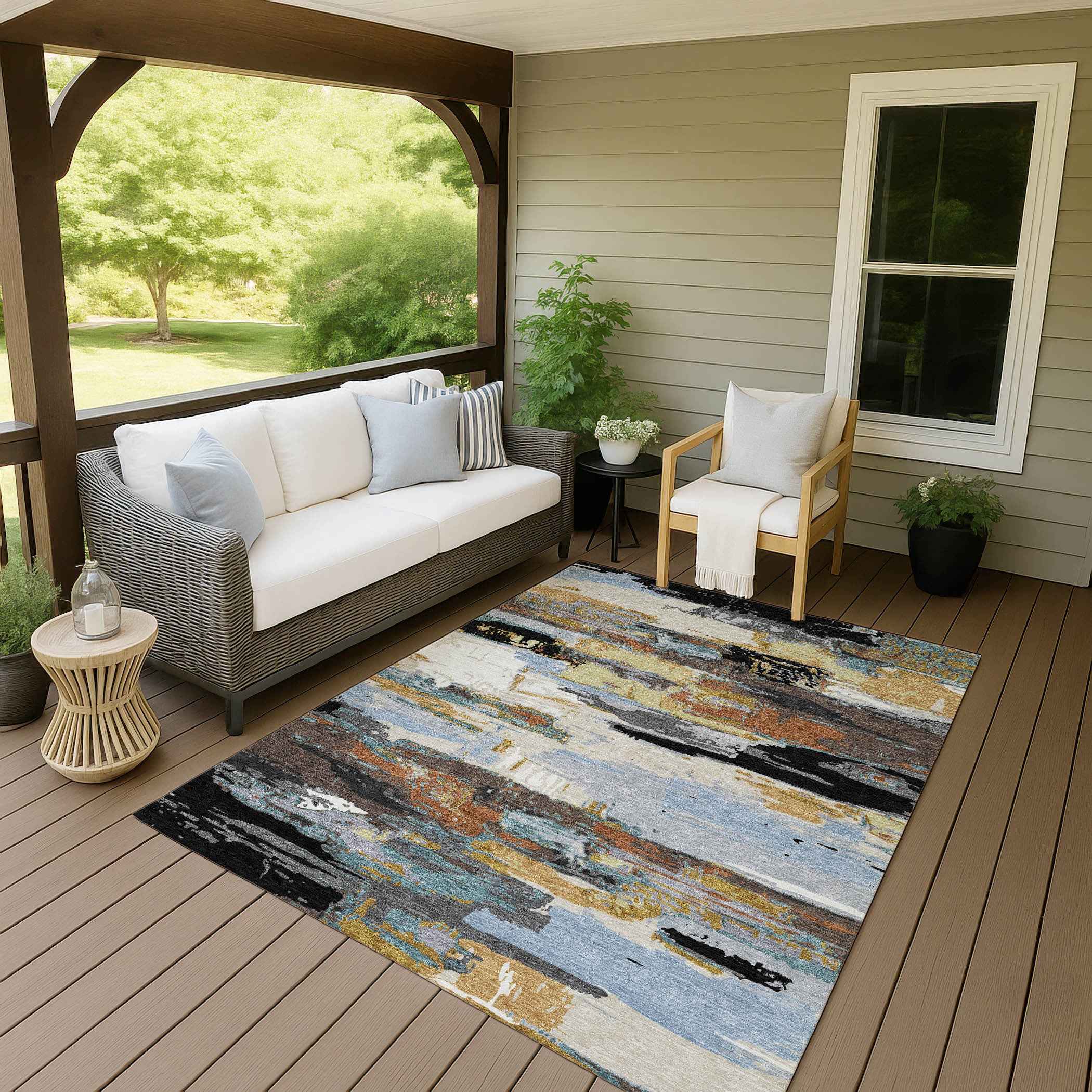 5' X 8' Black Gold And Blue Abstract Washable Indoor Outdoor Area Rug