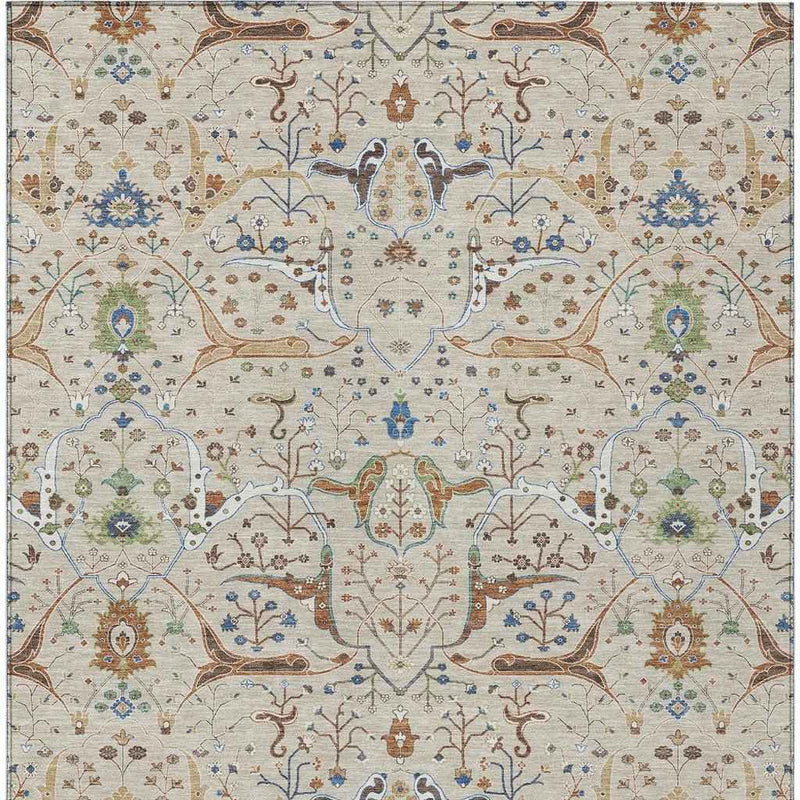9' X 12' Beige Green And Blue Floral Washable Indoor Outdoor Area Rug