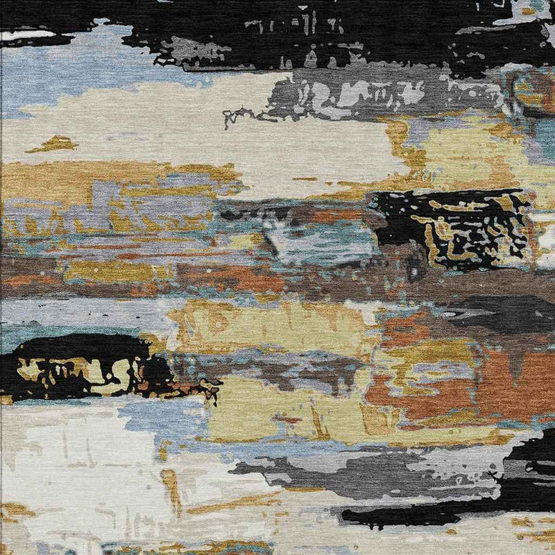 5' X 8' Black Gold And Blue Abstract Washable Indoor Outdoor Area Rug