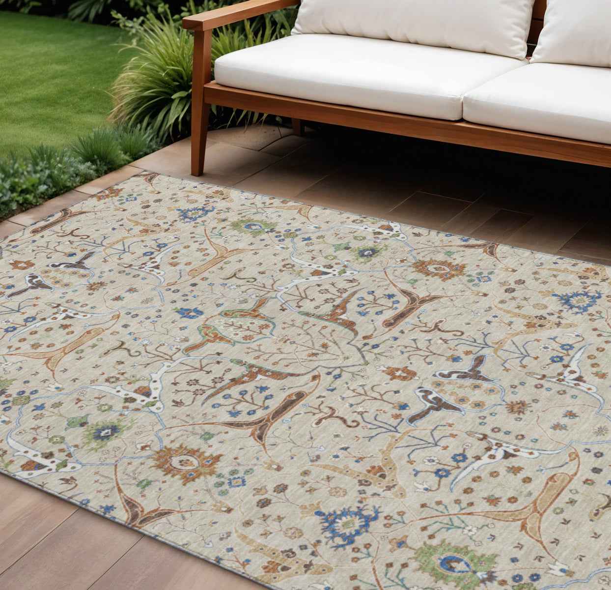 9' X 12' Beige Green And Blue Floral Washable Indoor Outdoor Area Rug