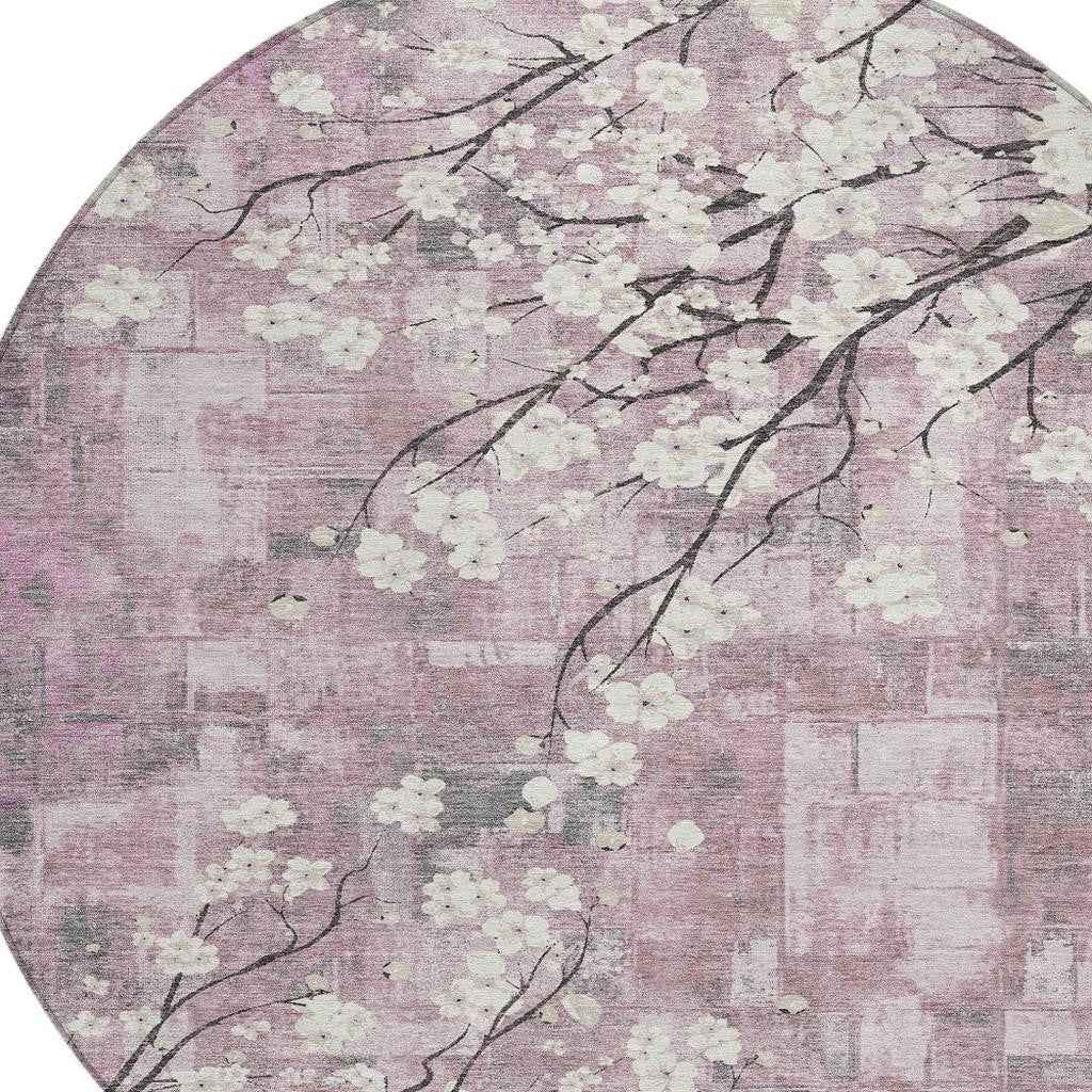 8' Blush Ivory And Gray Round Floral Washable Indoor Outdoor Area Rug