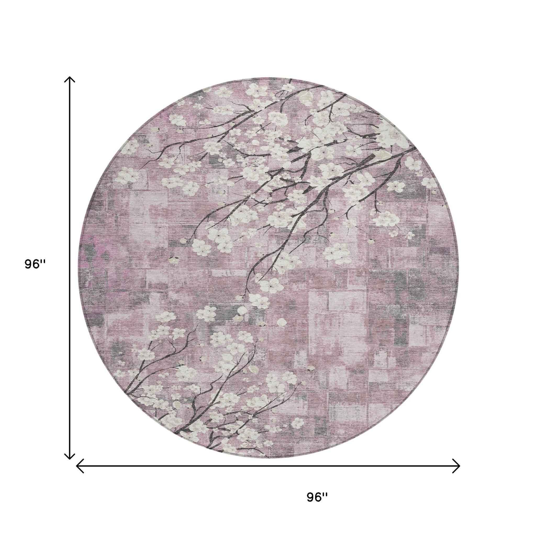 8' Blush Ivory And Gray Round Floral Washable Indoor Outdoor Area Rug