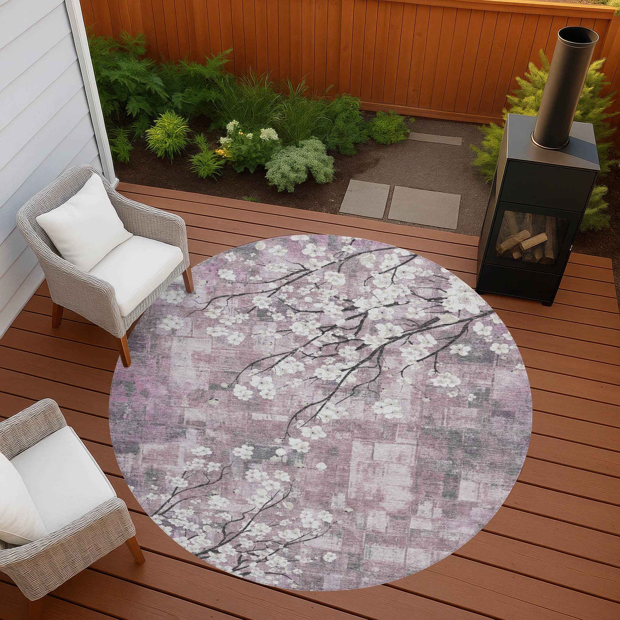 8' Blush Ivory And Gray Round Floral Washable Indoor Outdoor Area Rug