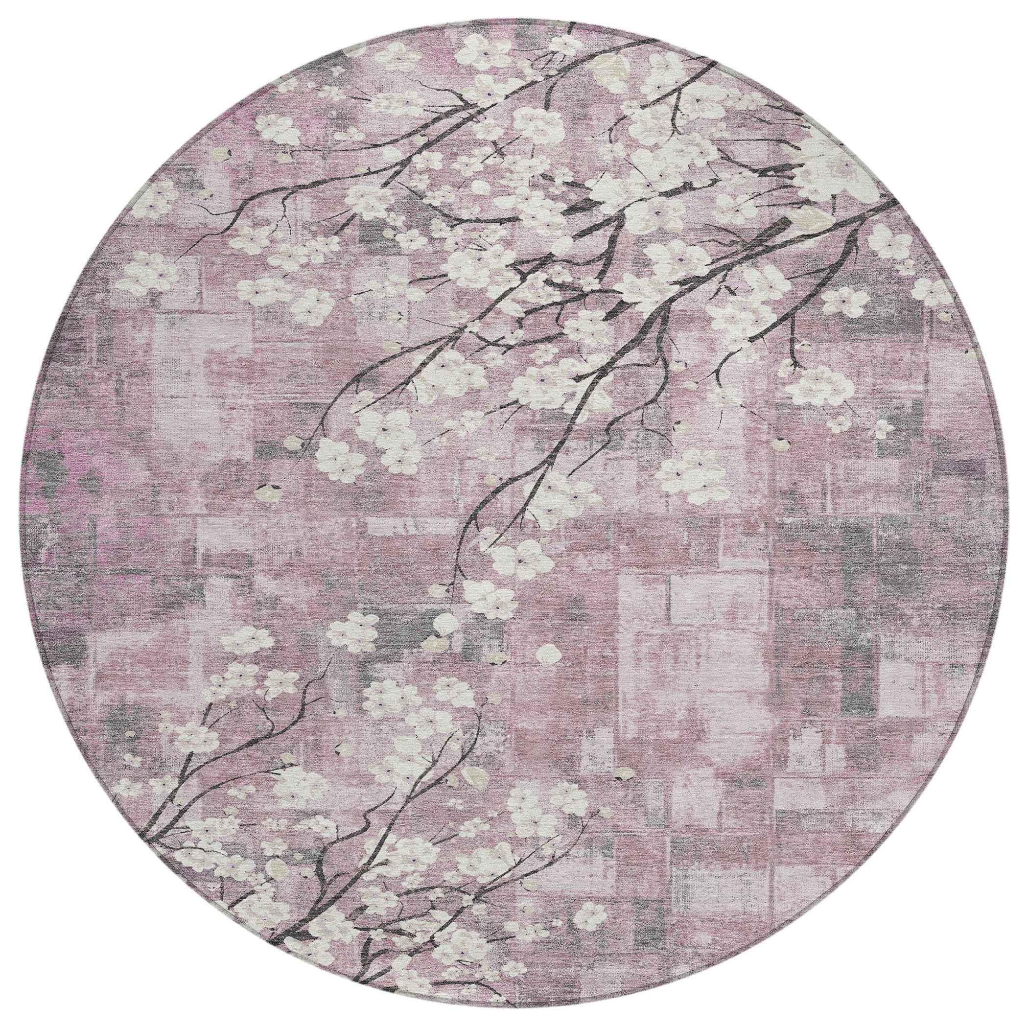8' Blush Ivory And Gray Round Floral Washable Indoor Outdoor Area Rug