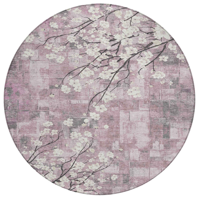 8' Blush Ivory And Gray Round Floral Washable Indoor Outdoor Area Rug