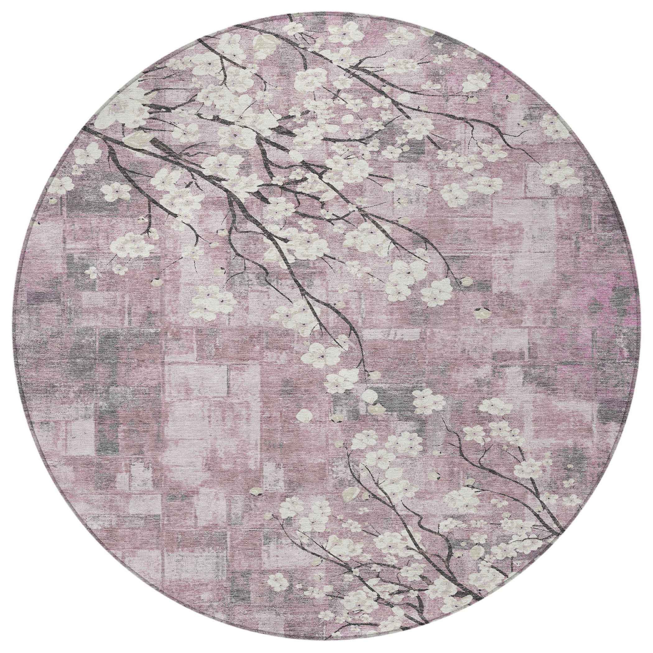 8' Blush Ivory And Gray Round Floral Washable Indoor Outdoor Area Rug