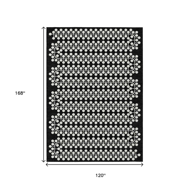 10' X 14' Black And Ivory Geometric Washable Indoor Outdoor Area Rug