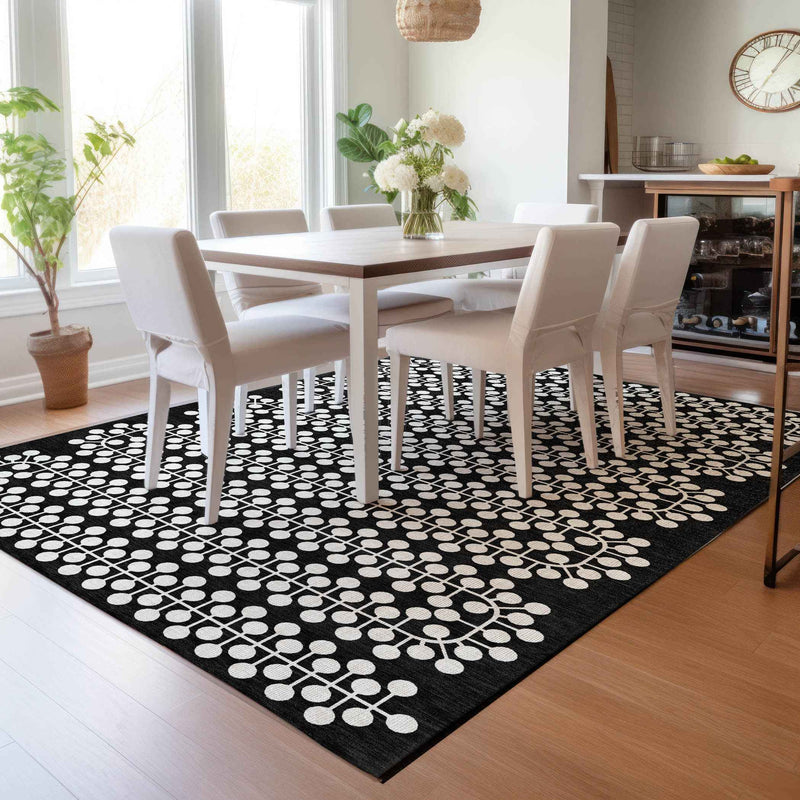 10' X 14' Black And Ivory Geometric Washable Indoor Outdoor Area Rug