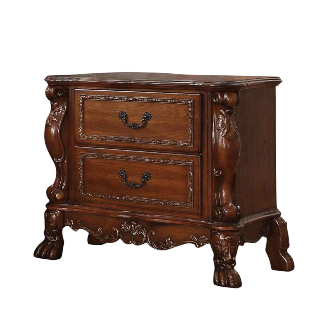 31" Brown Wood Carved Scrollwork Two Drawer Nightstand