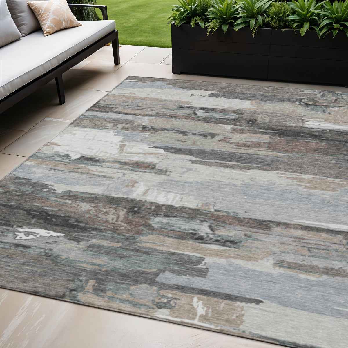 5' X 8' Taupe Gray And Silver Abstract Washable Indoor Outdoor Area Rug