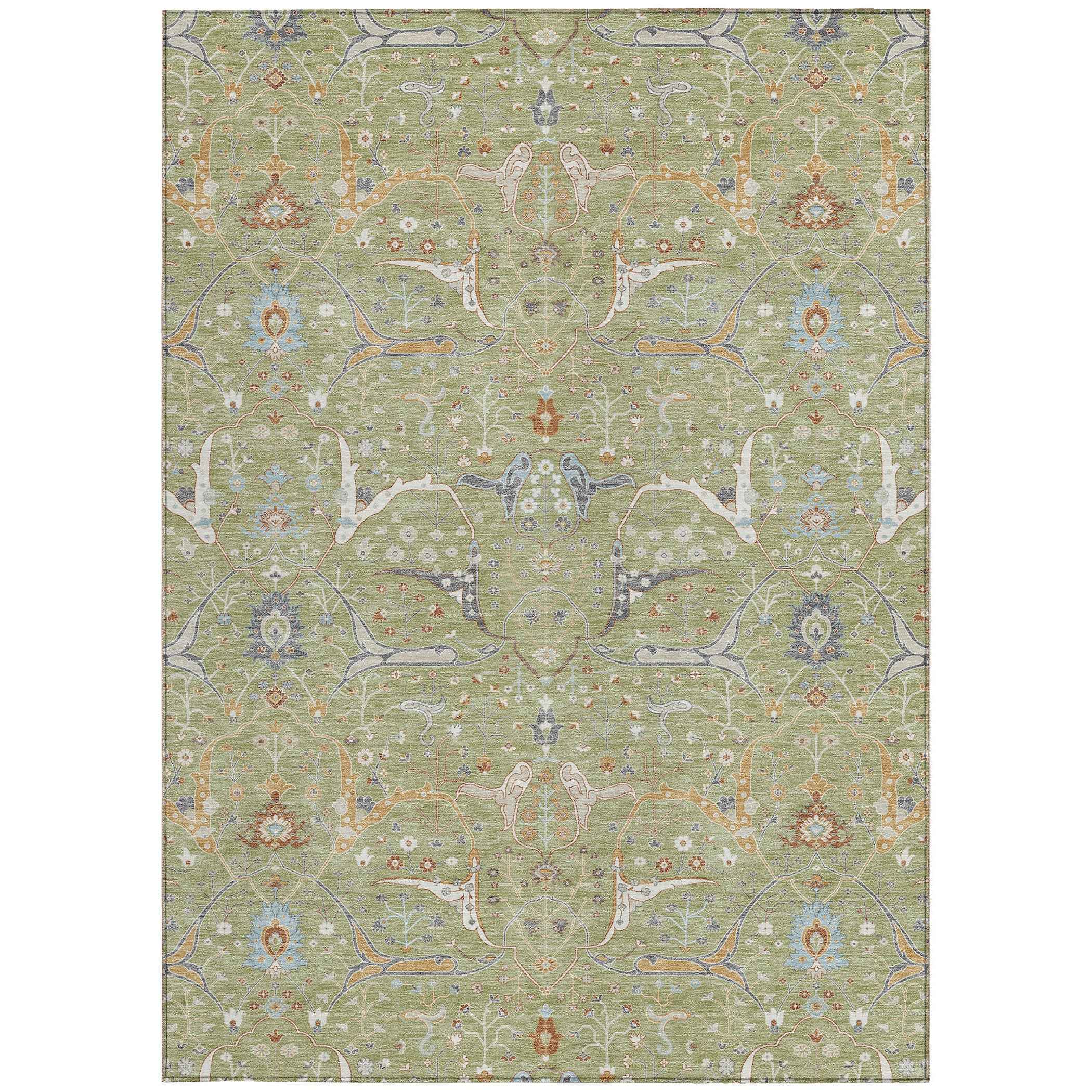 10' X 14' Artichoke Green And Sky Blue Floral Washable Indoor Outdoor Area Rug