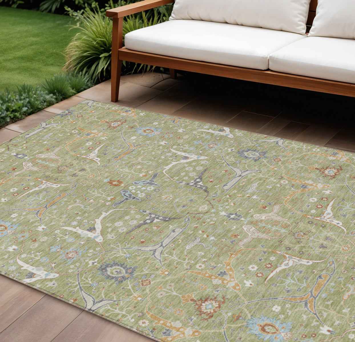 10' X 14' Artichoke Green And Sky Blue Floral Washable Indoor Outdoor Area Rug