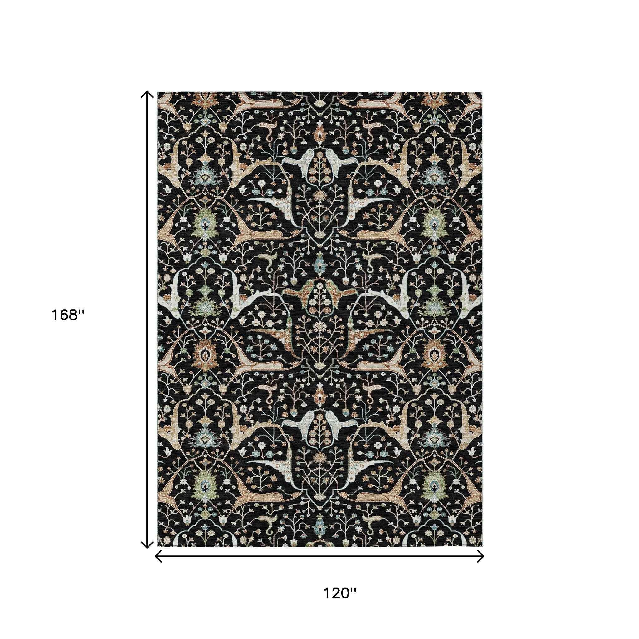 10' X 14' Black Ivory And Green Floral Washable Indoor Outdoor Area Rug