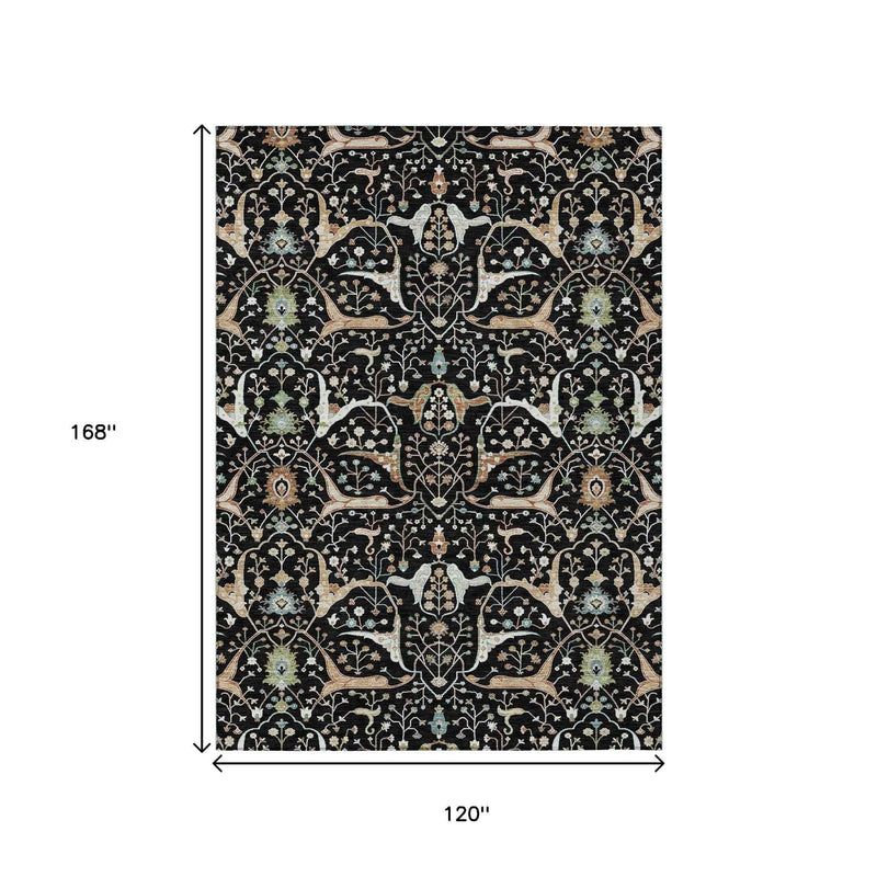 10' X 14' Black Ivory And Green Floral Washable Indoor Outdoor Area Rug