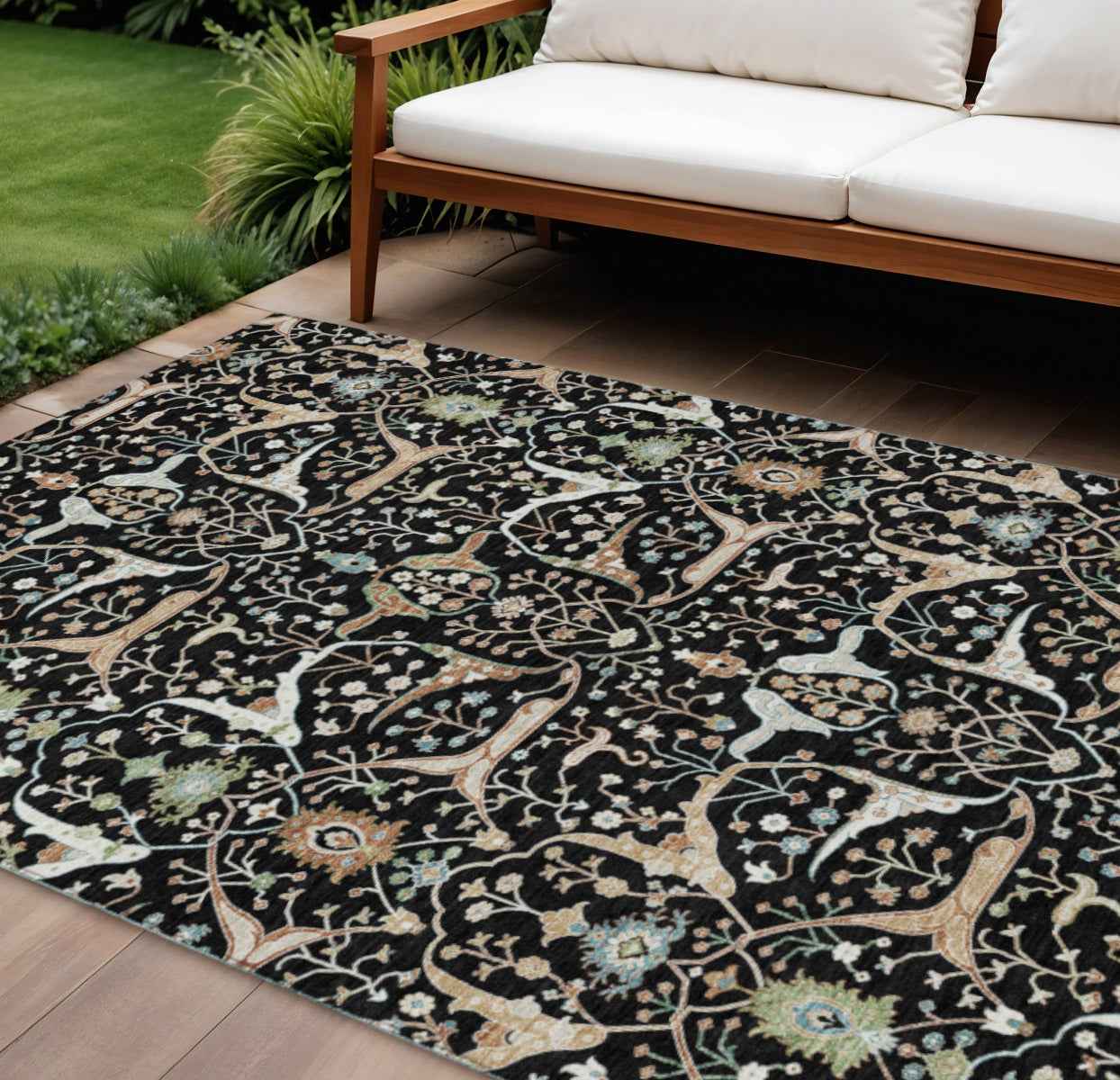 10' X 14' Black Ivory And Green Floral Washable Indoor Outdoor Area Rug