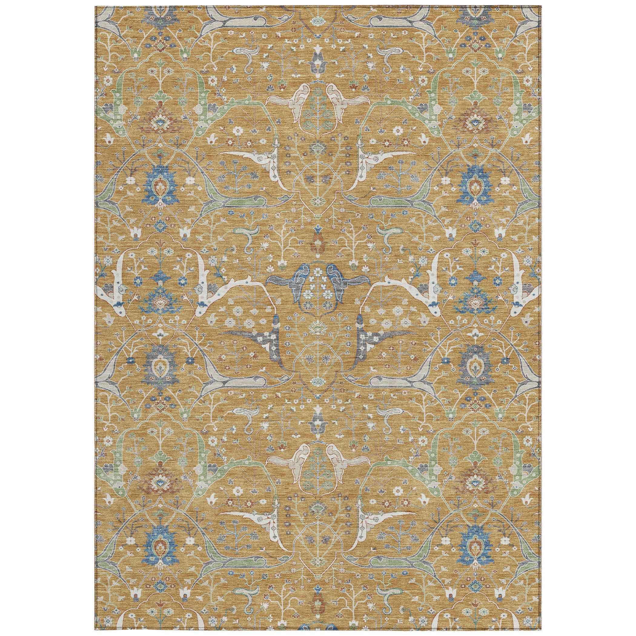 9' X 12' Gold And Blue Floral Washable Indoor Outdoor Area Rug