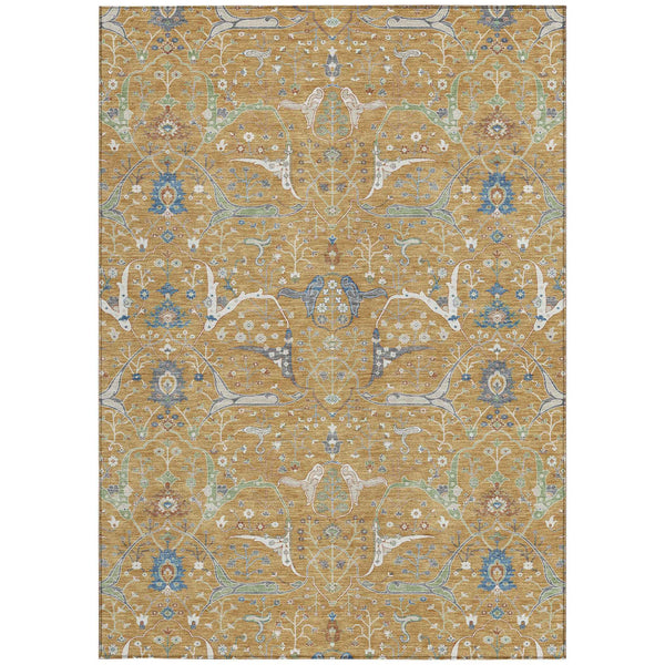 9' X 12' Gold And Blue Floral Washable Indoor Outdoor Area Rug