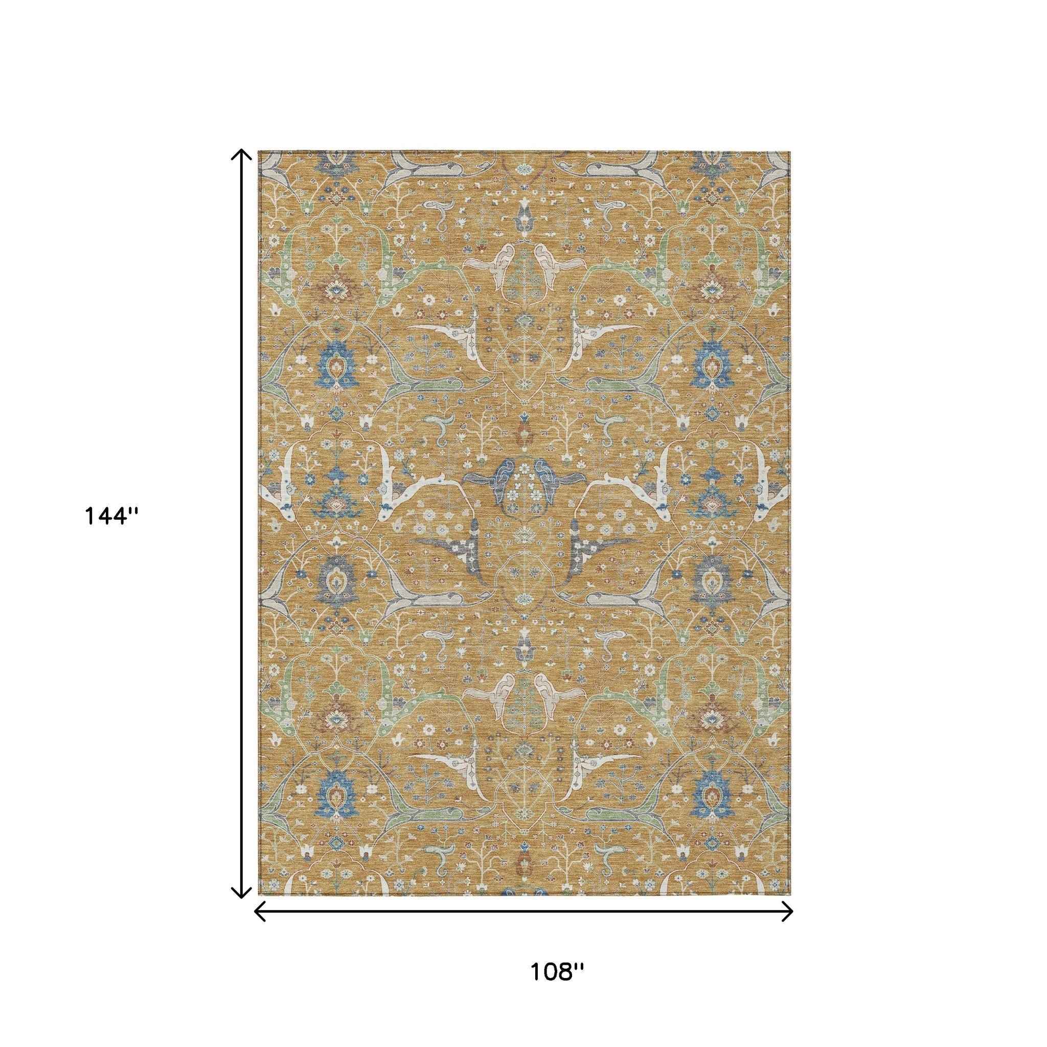 9' X 12' Gold And Blue Floral Washable Indoor Outdoor Area Rug