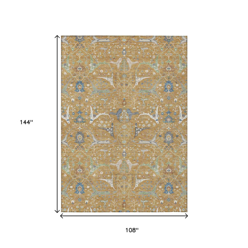 9' X 12' Gold And Blue Floral Washable Indoor Outdoor Area Rug
