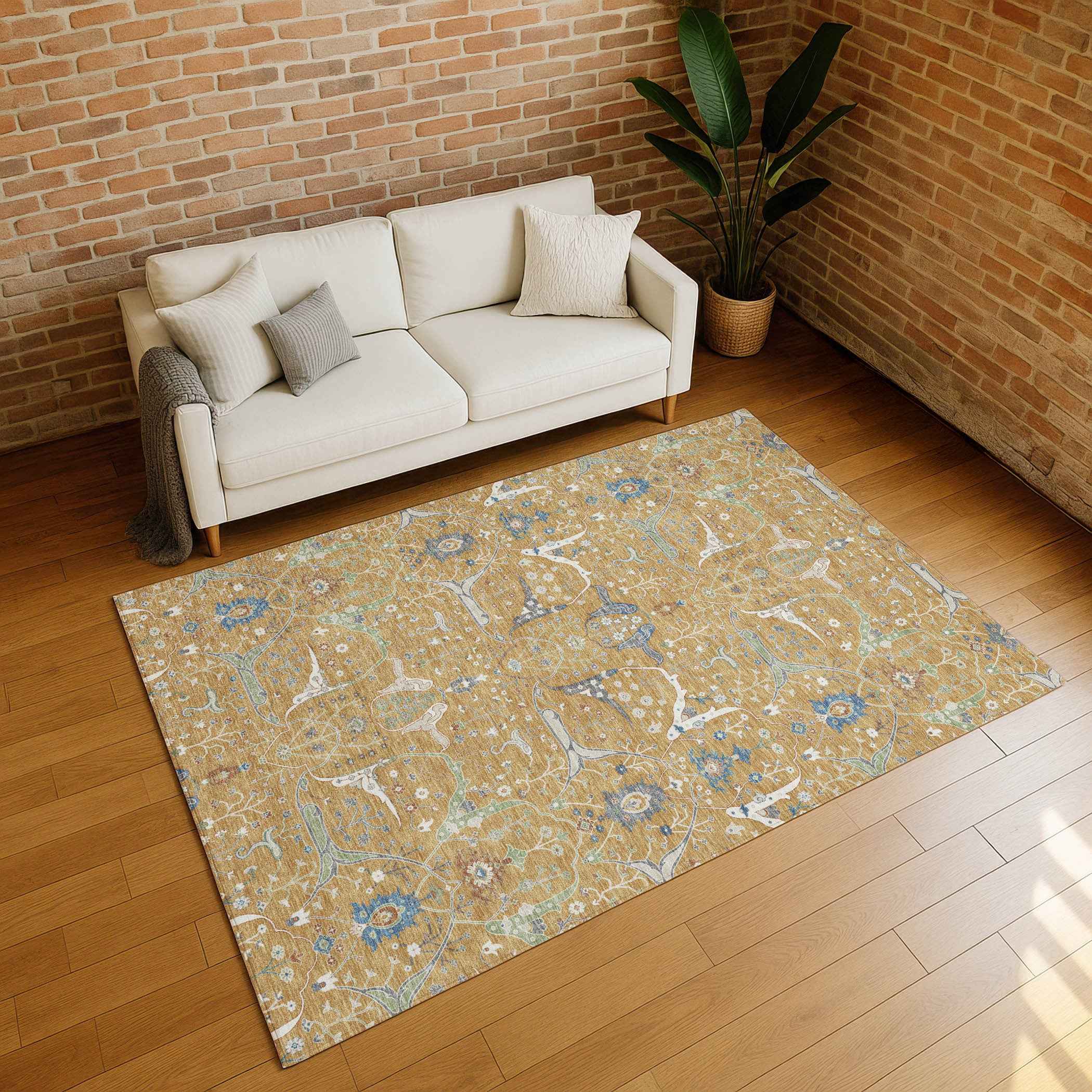 9' X 12' Gold And Blue Floral Washable Indoor Outdoor Area Rug