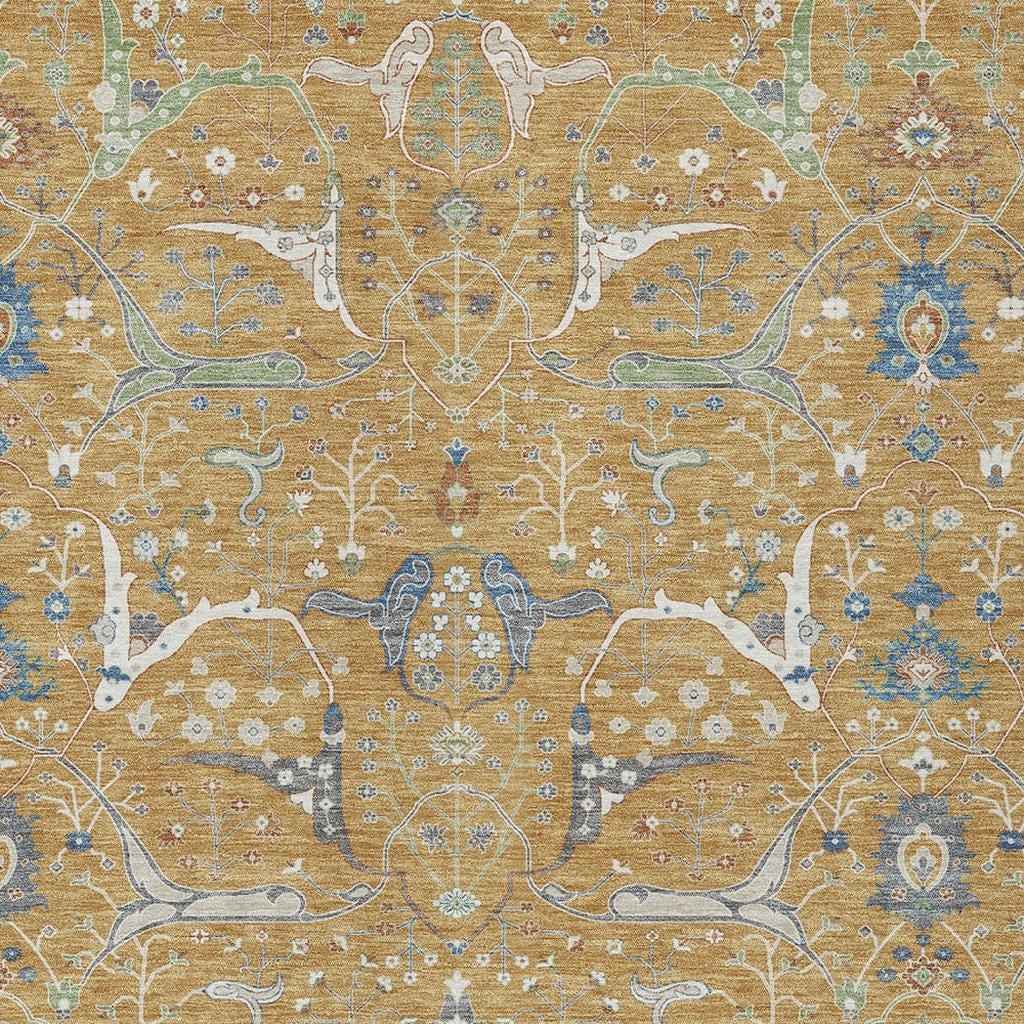 9' X 12' Gold And Blue Floral Washable Indoor Outdoor Area Rug