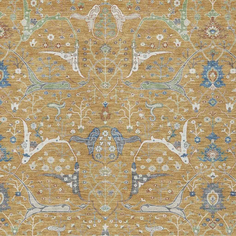 9' X 12' Gold And Blue Floral Washable Indoor Outdoor Area Rug