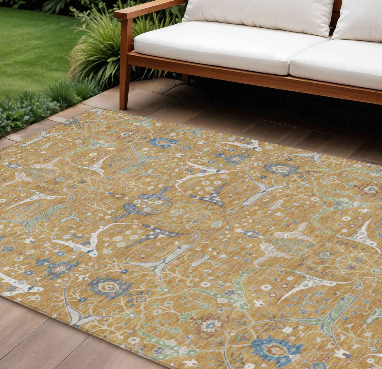 9' X 12' Gold And Blue Floral Washable Indoor Outdoor Area Rug