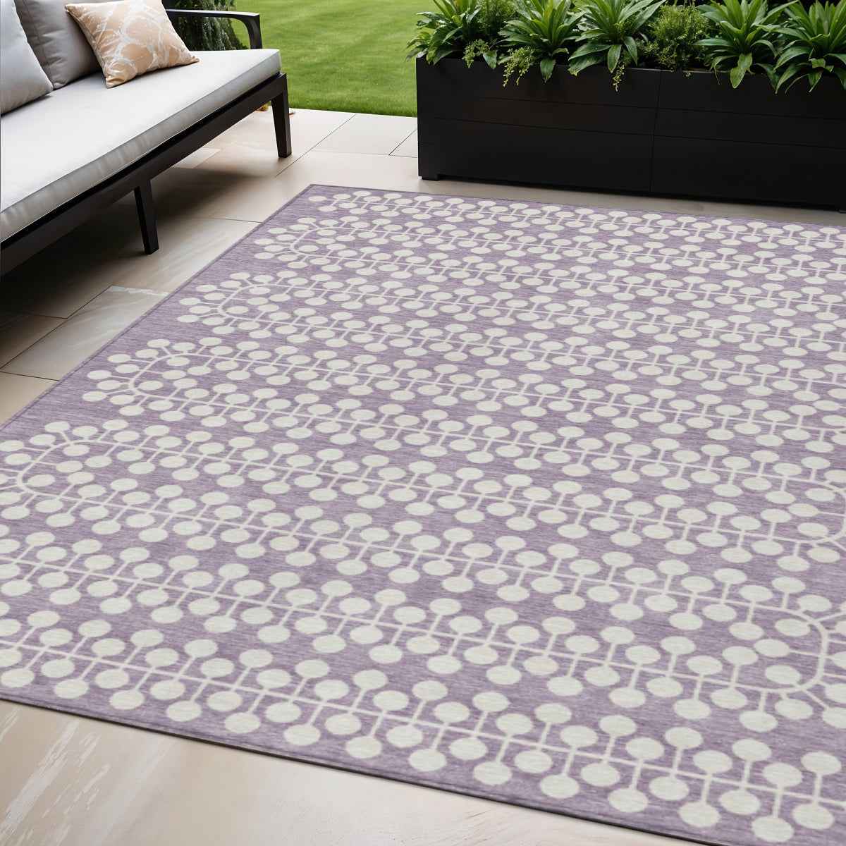 5' X 8' Lavender And Ivory Geometric Washable Indoor Outdoor Area Rug