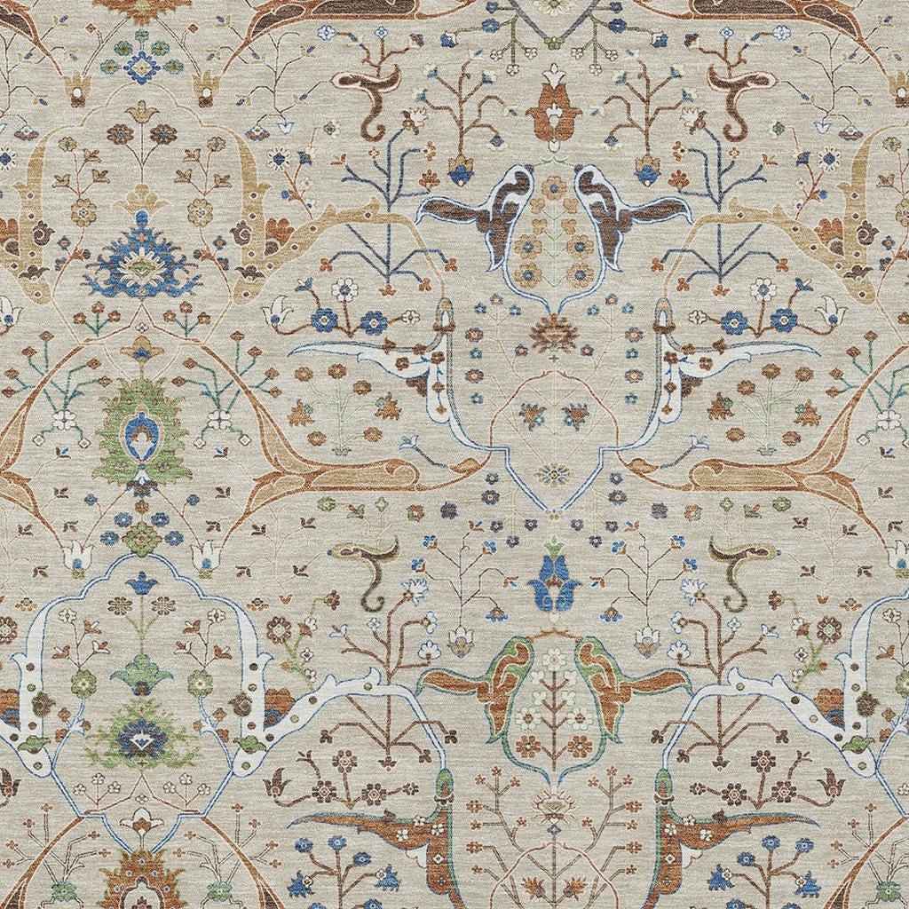 10' X 14' Beige Green And Blue Floral Washable Indoor Outdoor Area Rug