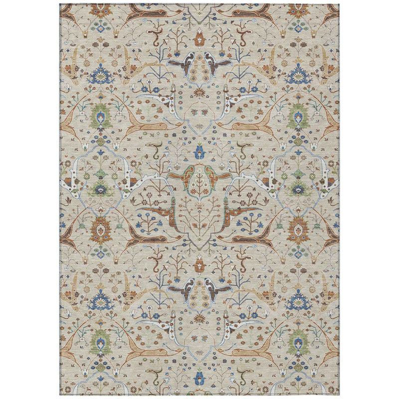 10' X 14' Beige Green And Blue Floral Washable Indoor Outdoor Area Rug