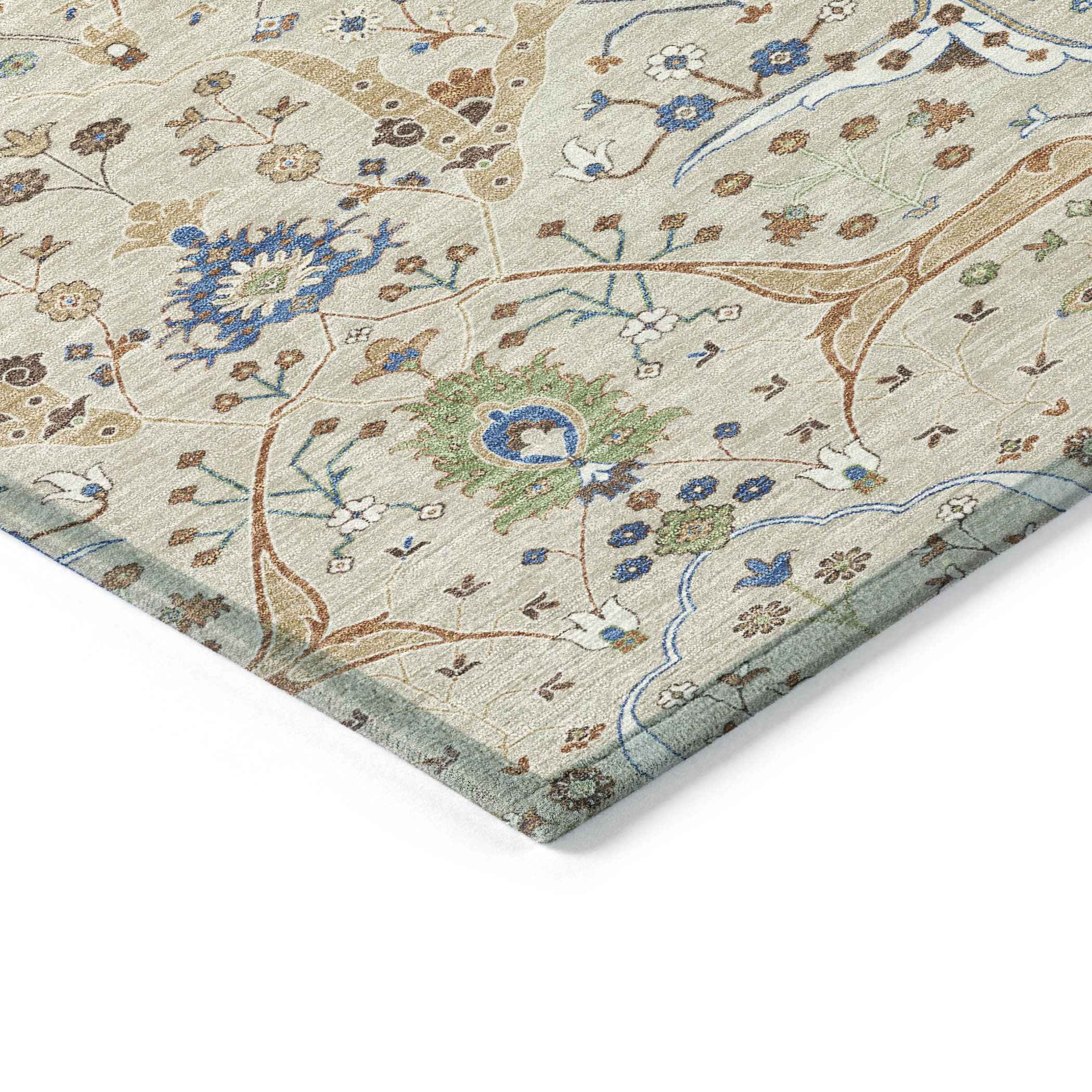 10' X 14' Beige Green And Blue Floral Washable Indoor Outdoor Area Rug