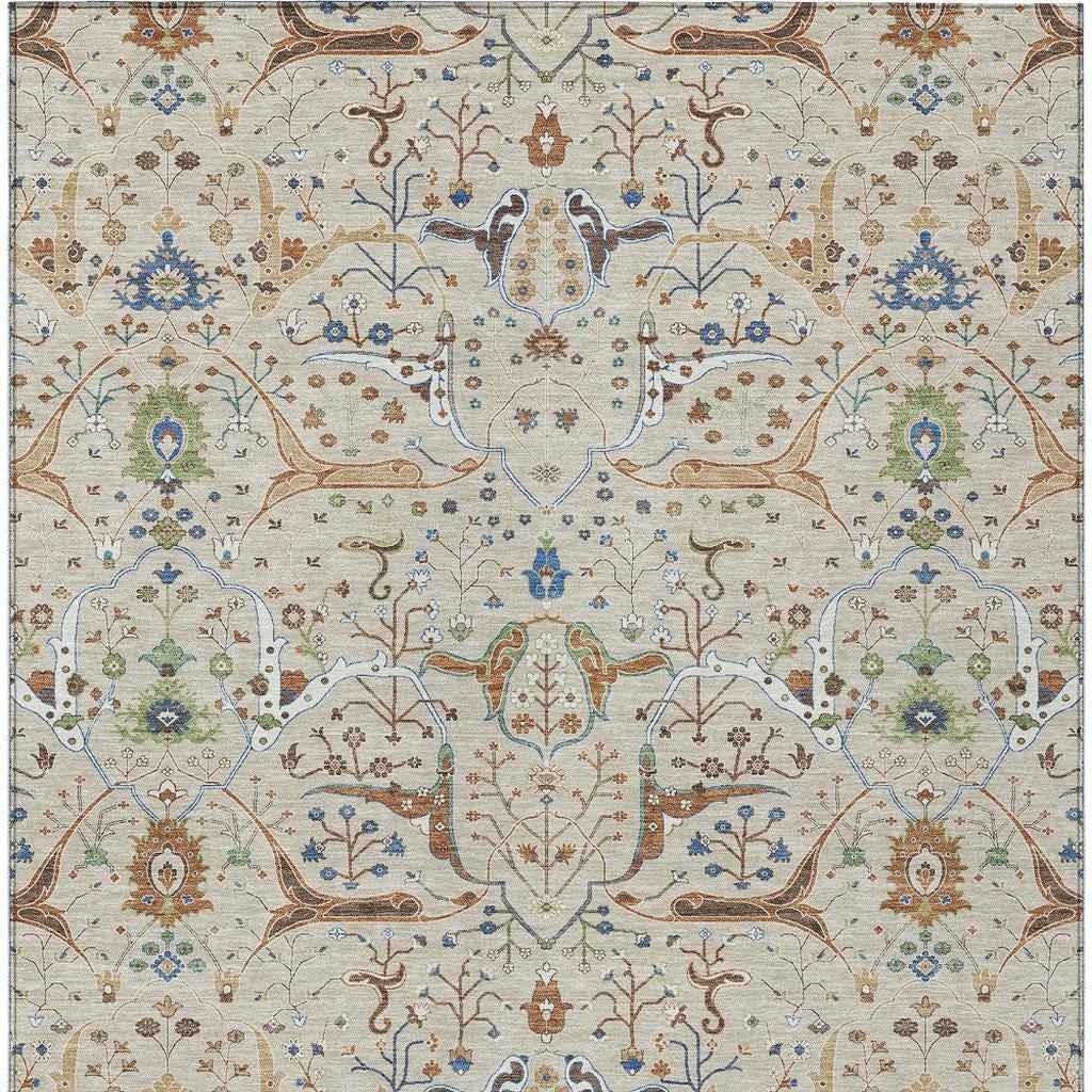 10' X 14' Beige Green And Blue Floral Washable Indoor Outdoor Area Rug