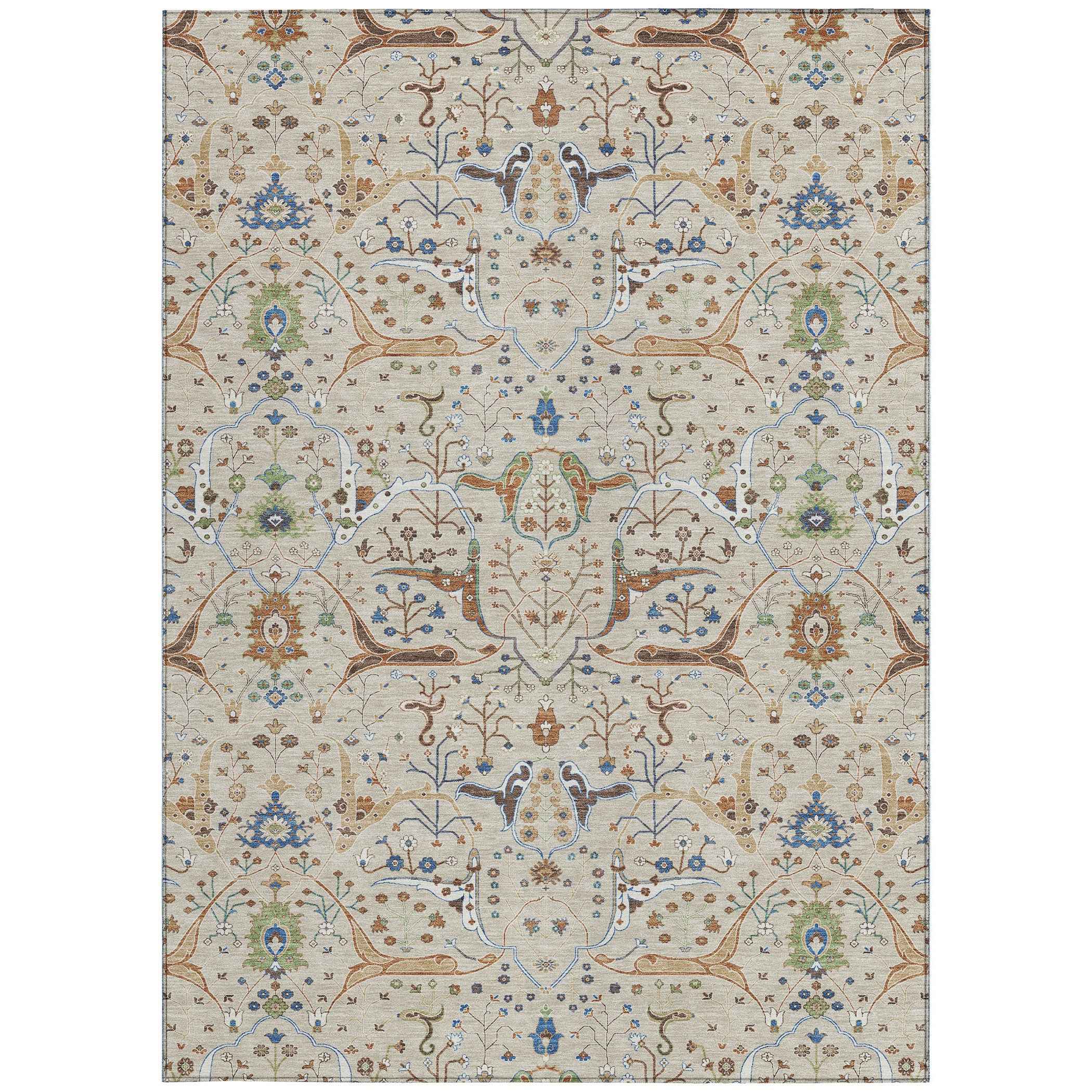 10' X 14' Beige Green And Blue Floral Washable Indoor Outdoor Area Rug