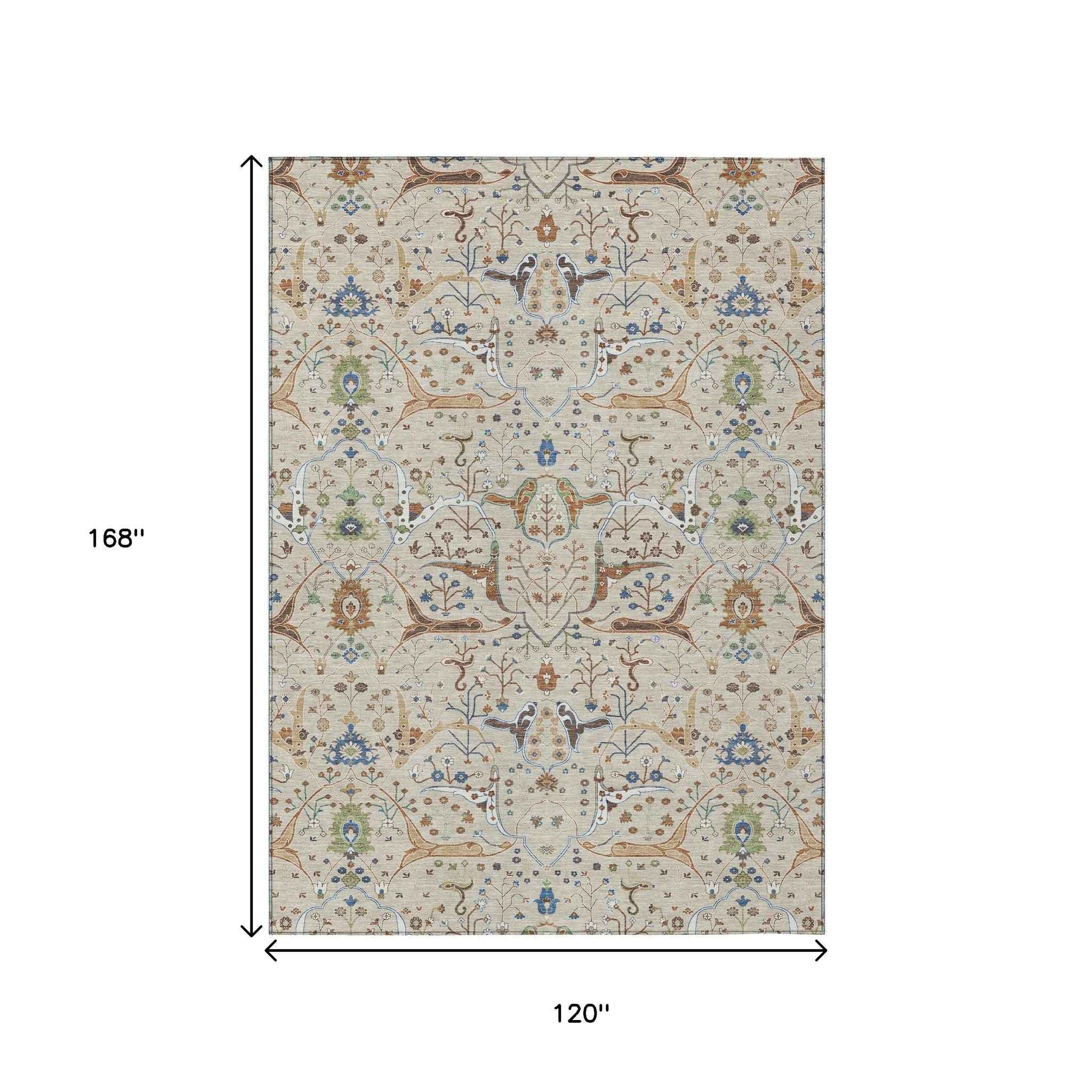 10' X 14' Beige Green And Blue Floral Washable Indoor Outdoor Area Rug