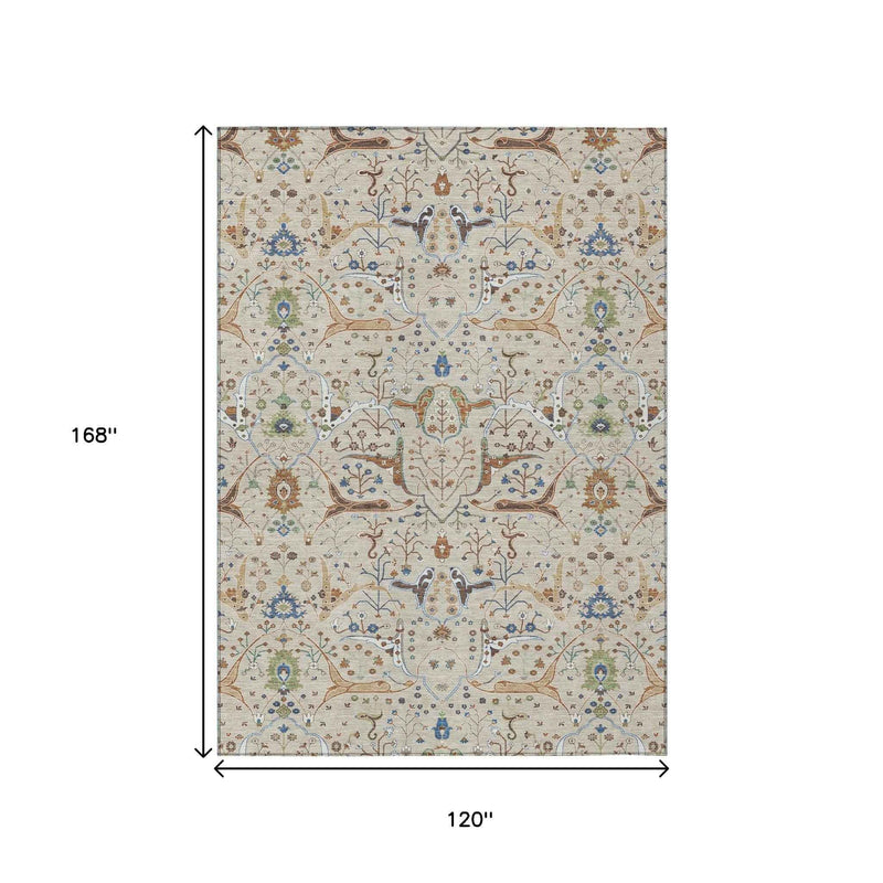 10' X 14' Beige Green And Blue Floral Washable Indoor Outdoor Area Rug