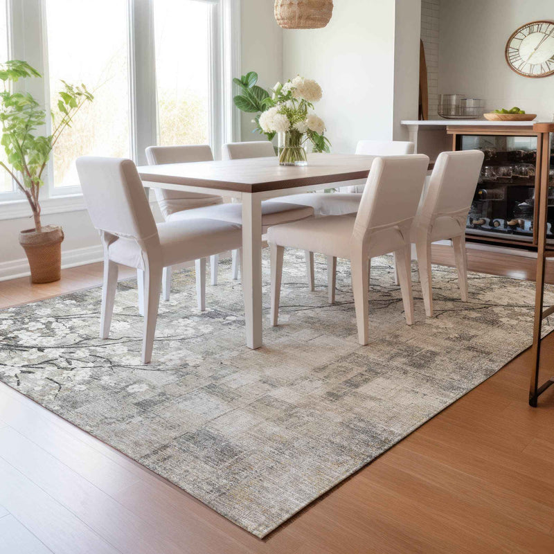 8' X 10' Beige Ivory And Gray Floral Washable Indoor Outdoor Area Rug