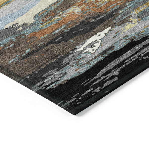 8' X 10' Black Gold And Blue Abstract Washable Indoor Outdoor Area Rug