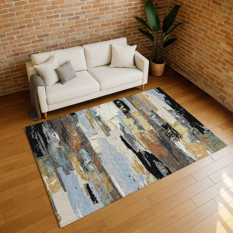 8' X 10' Black Gold And Blue Abstract Washable Indoor Outdoor Area Rug